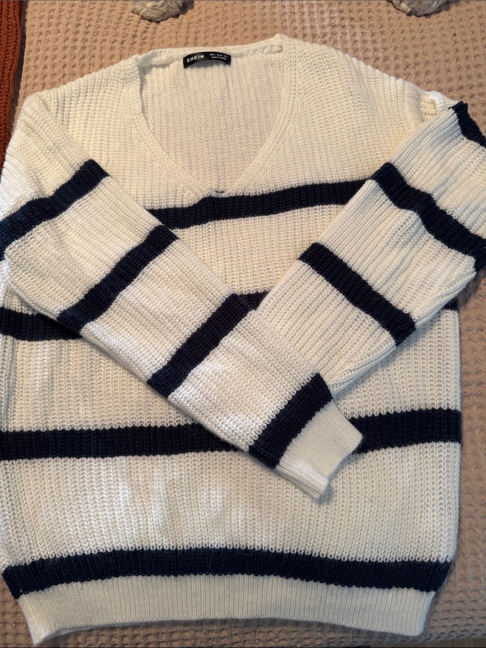 SHEIN Cream and Black Striped V-Neck Knit Sweater